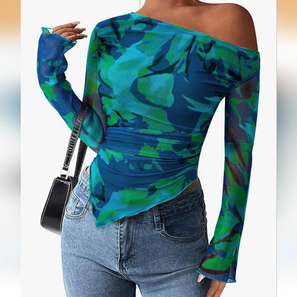 Pretty Garden Sexy Stylish Blue-Green Off-Shoulder Top